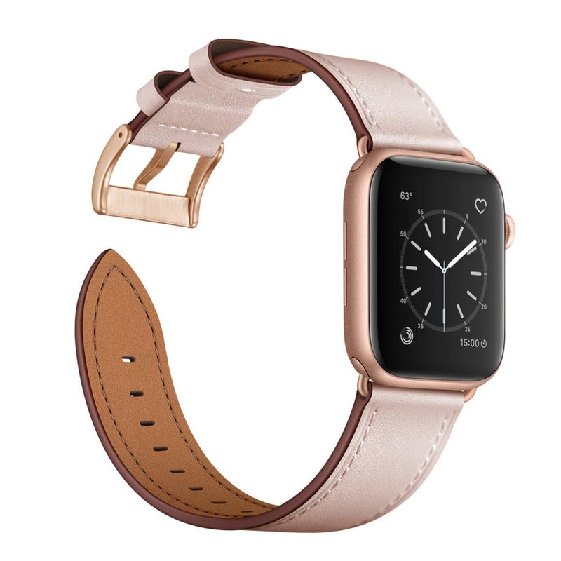 OUHENG Leather Bands Compatible with Apple Watch Band 49mm/46mm/45mm/44mm/42mm, Genuine Leather Strap for iWatch Series 11/10/9/8/7/6/5/4/3/2/1 & Ultra 3/2/1 & SE3 SE2 SE, Pink Sand/Rose Gold - Image 3